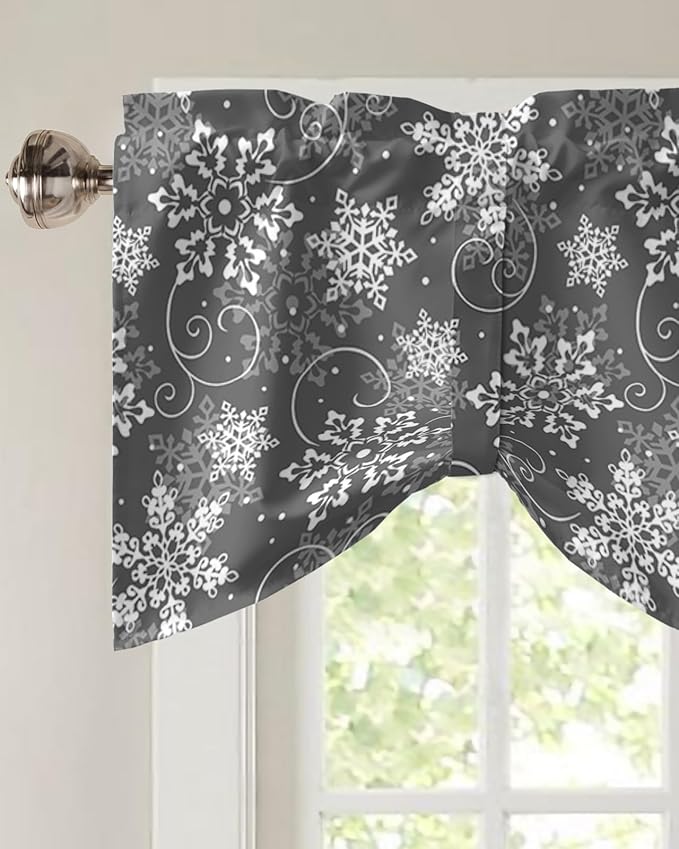 Christmas Blackout Tie Up Valance Curtains for Kitchen Windows Grey White Snowflakes Pattern Window Toppers Balloon Shades for Living Room/Bathroom/Bedroom,1 Panel, 54" X 18", Winter