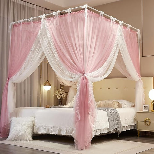 4 Corners Post Princess Curtain Bed Canopy Lace Up Double Layer 4 Opening Mosquito Net Mesh for Girls Bedroom Decoration(Pink/White, 78" W*86" L*82" H/King)