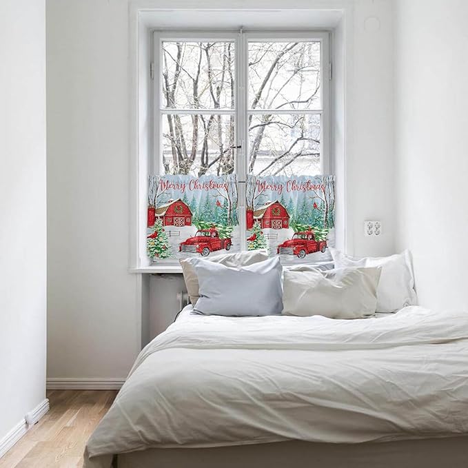 Red Truck Christmas Kitchen Curtains and Valances Set, Merry Christmas Farmhouse Windows Treatments Tiers Half/Short Curtains for Small Windows Cafe /Living Room/ Bedroom 54x24 in Winter Xmas Tree