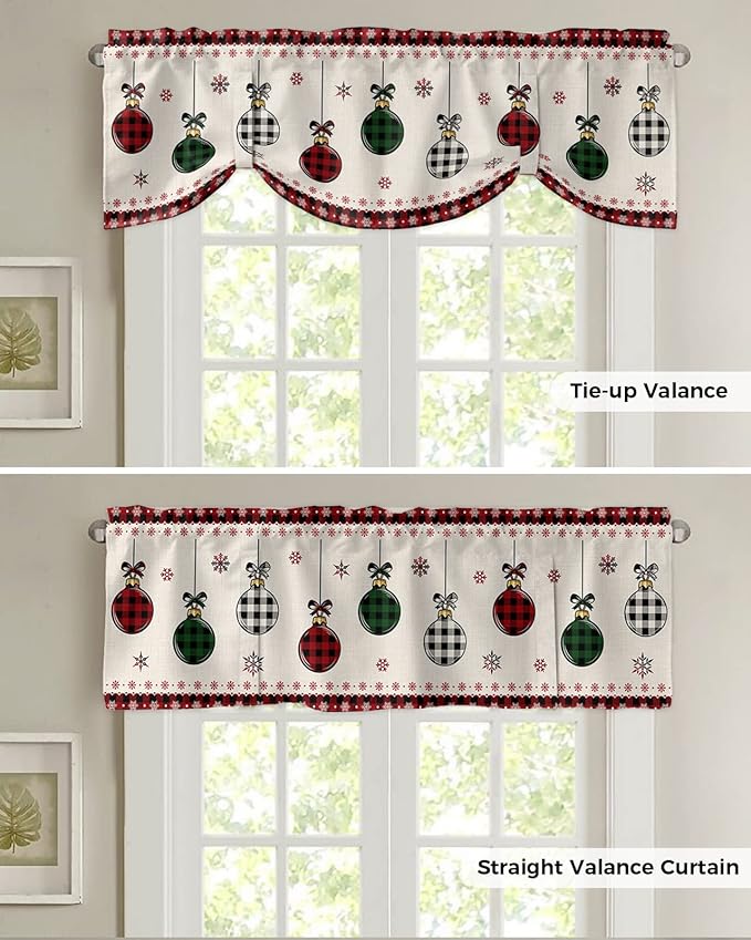 Christmas Blackout Tie Up Valance Curtains for Kitchen Windows Vintage Buffalo Plaid Christmas Balls Window Toppers Balloon Shades for Living Room/Bathroom/Bedroom,1 Panel,60" X 18" Farmhouse
