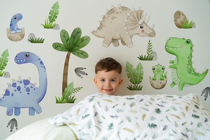 Large Dinosaur Wall Decals by Lipastick - 110 pcs Watercolour Dinosaur Kids Wall Stickers - Dinosaur Footprints Silhouettes Decals for Walls β Peel and Stick Decal for Kids Bedroom Nursery L Size