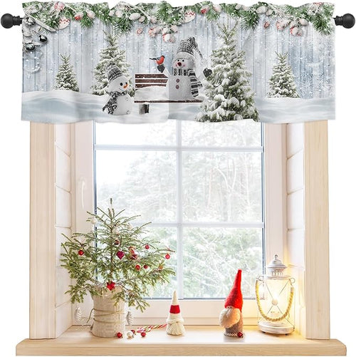 Merry Christmas Valance Curtains for Kitchen Windows Xmas Snowman Snowy Pine Tree Rod Pocket Window Treatment Toppers for Kitchen/Living Room/Bedroom/Bathroom, 54" X 18", Blue Winter
