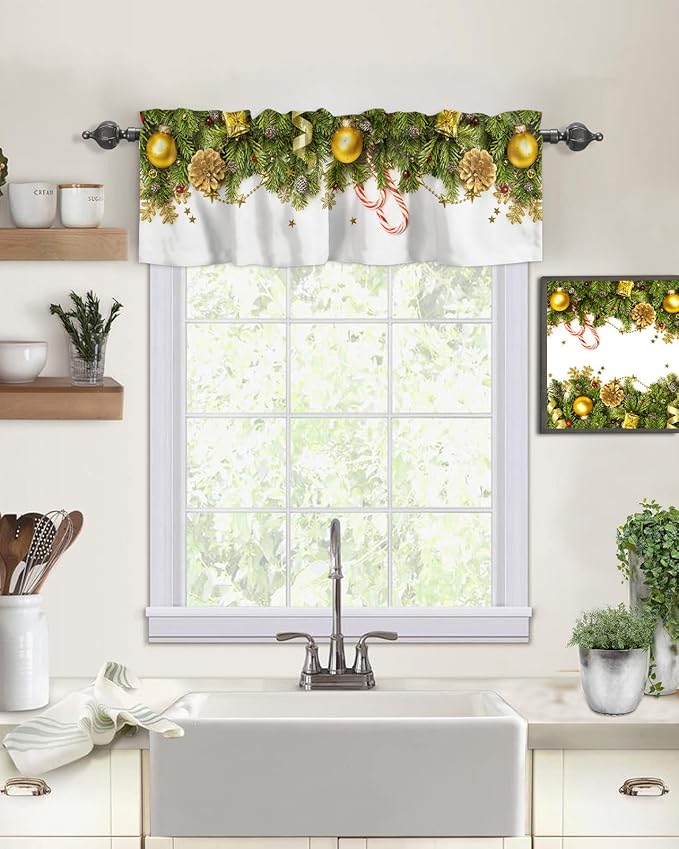 Christmas Kitchen Curtains Valances for Windows Pine Cones Rod Pocket Window Treatment for Kitchen/Living Room/Bedroom/Bathroom,42" X 18" -1 Panel, Golden Ornament Balls