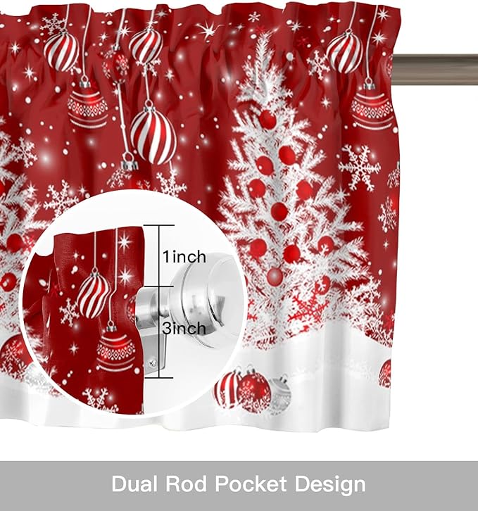 Red Christmas Kitchen Curtains and Valances Set, White Xmas Tree Snowflakes Red Balls Windows Treatments Tiers Half/Short Curtains for Small Windows Cafe /Living Room/ Bedroom 54x36 in Winter