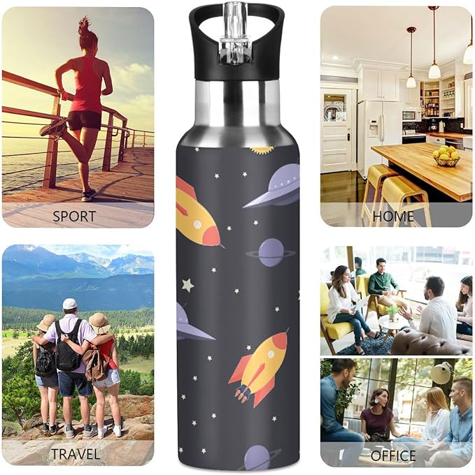 Space & Rocket Sports Water Bottle, Double Wall Vacuum Insulated Stainless Steel Water Bottle with Straw Keeps Hot and Cold, Bike Running Sports Travel Gym 20oz