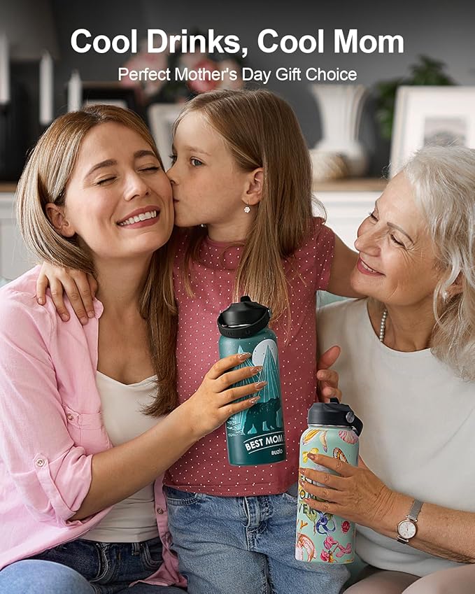 BUZIO 32oz Mom Water Bottle Bear Mama, Vacuum Insulated Water Flask with Straw, Stainless Steel Water Bottle Metal Thermo Mug for Mother Day, Best Mom Birthday Gifts from Kids