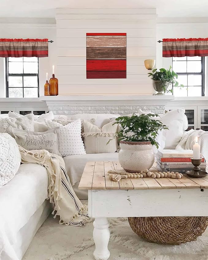 Farmhouse Kitchen Curtains Valances for Windows , Christmas Red Brown Rod Pocket Country Window Treatment for Kitchen /Living Room/Bedroom/ Bathroom,54" X 18" -1 Panel, Retro Rustic Barn Wood Texture