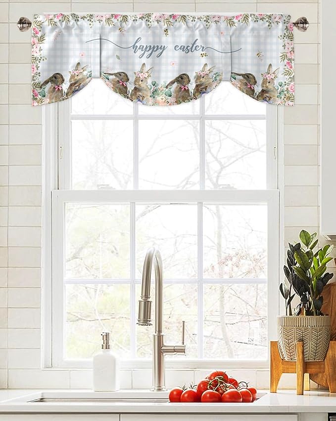 Rabbits Flowers Easter Blackout Tie Up Valance Curtains for Kitchen Windows Eucalyptus Leaf Spring SummerWindow Toppers Balloon Shades for Living Room/Bathroom/Bedroom,1 Panel, 42" X 12",Buffalo Plaid