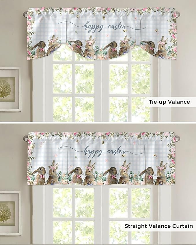 Rabbits Flowers Easter Blackout Tie Up Valance Curtains for Kitchen Windows Eucalyptus Leaf Spring SummerWindow Toppers Balloon Shades for Living Room/Bathroom/Bedroom,1 Panel, 60" X 18",Buffalo Plaid