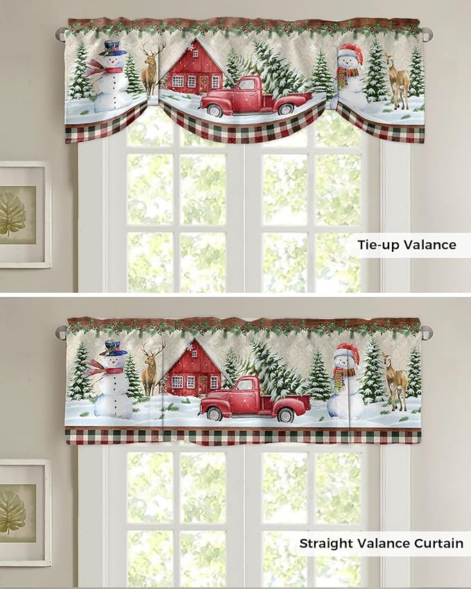 Christmas Farmhouse Blackout Tie Up Valance Curtains for Kitchen Windows Snowman Farm Red Truck Window Toppers Balloon Shades for Living Room/Bathroom/Bedroom,1 Panel,42" X 12" Winter Holiday
