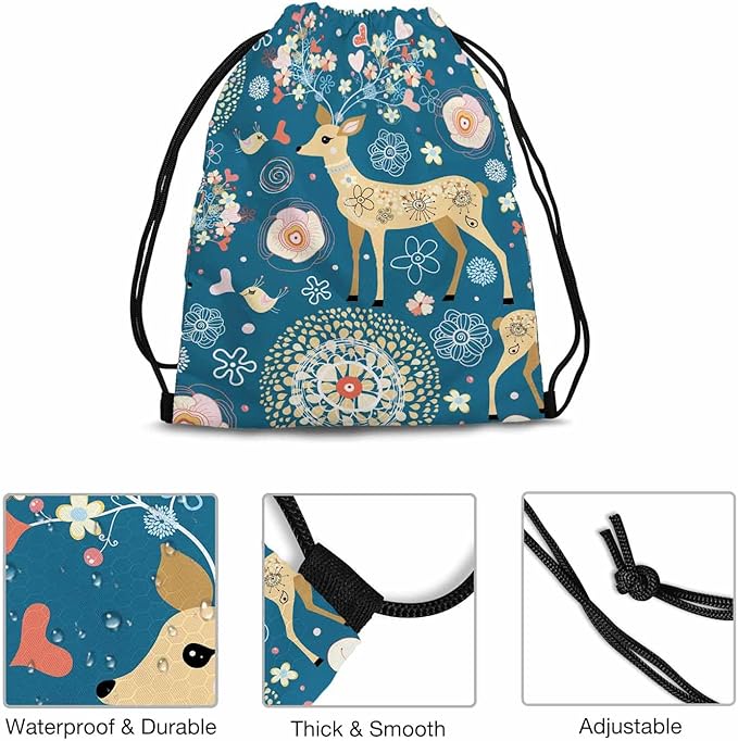 Drawstring Bag Fabulous Deer Waterproof Basketball Bag Wear Pearl Necklace Beautiful Flower Cute Birds Stroage Small Exercise Accessiors Water Bottle Change of Clothes Shoes Ball