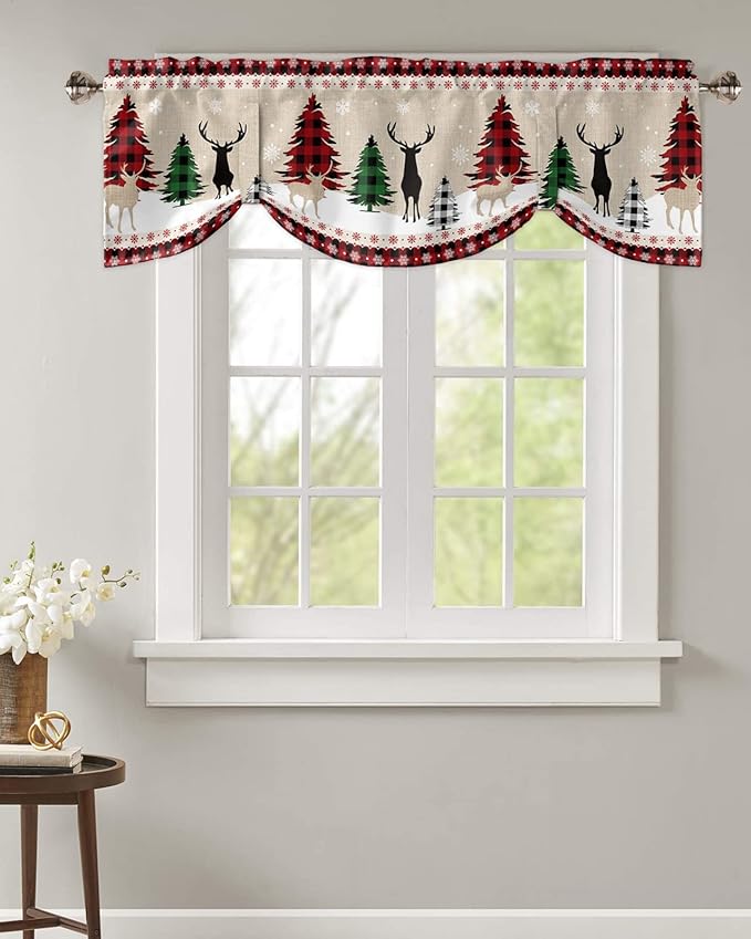 Farmhouse Christmas Blackout Tie Up Valance Curtains for Kitchen Windows Rustic Plaid Christmas Tree Snowflakes Window Toppers Balloon Shades for Living Room/Bathroom/Bedroom,42" X 18" Red Green Black
