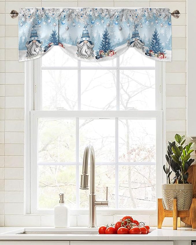 Christmas Gnome Blackout Tie Up Valance Curtains for Kitchen Windows Winter Merry Christmas Tree Balls Window Toppers Balloon Shades for Living Room/Bathroom/Bedroom,1 Panel, 60" X 18", Blue