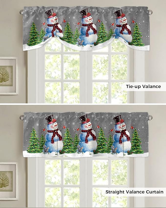 Christmas Snowman Blackout Tie Up Valance Curtains for Kitchen Windows Winter Holidays Cardinal White Snowflake Window Toppers Balloon Shades for Living Room/Bathroom/Bedroom,1 Panel,42" X 12" Gray