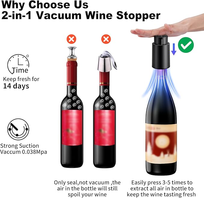Wine Bottle Stoppers,2-in-1 Vacuum Wine Stopper,Reusable Wine Savers, Wine Preserver Vacuum Pump Corks Keep Wine Really Fresh, Best Gift for Wine Lovers for Christmas Gifts (2Pack)