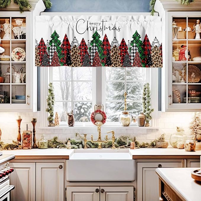 Merry Christmas Valance Curtains for Kitchen Windows Buffalo Plaid Xmas Tree Winter Forest Farmhouse Rod Pocket Window Treatment Toppers for Kitchen/Living Room/Bedroom/Bathroom, 60" X 18",Red Green
