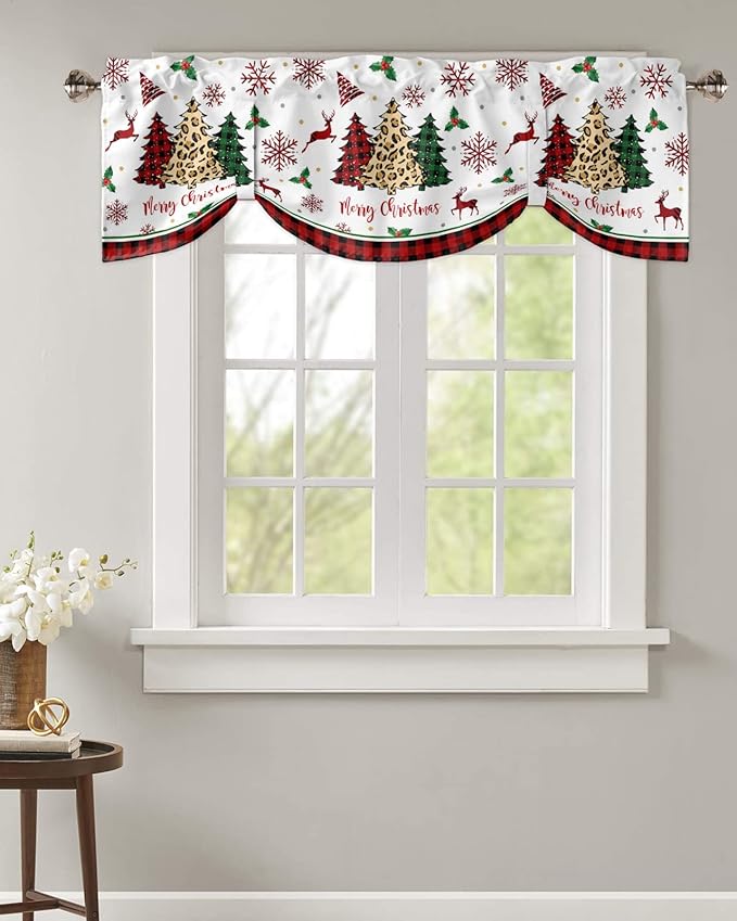Merry Christmas Blackout Tie Up Valance Curtains for Kitchen Windows Farm Christmas Tree Buffalo Plaid Leopard Window Toppers Balloon Shades for Living Room/Bathroom/Bedroom,42" X 12" Holiday Decor