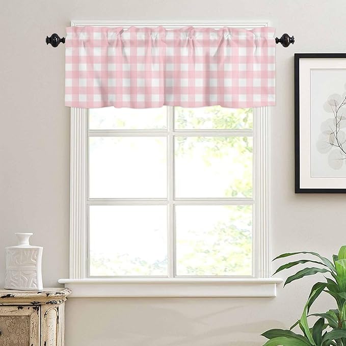 Christmas Valance Curtains for Kitchen Windows Rustic Pink White Buffalo Check Plaid Pattern Rod Pocket Window Treatment Toppers for Kitchen/Living Room/Bedroom/Bathroom, 54" X 18", Farmhouse