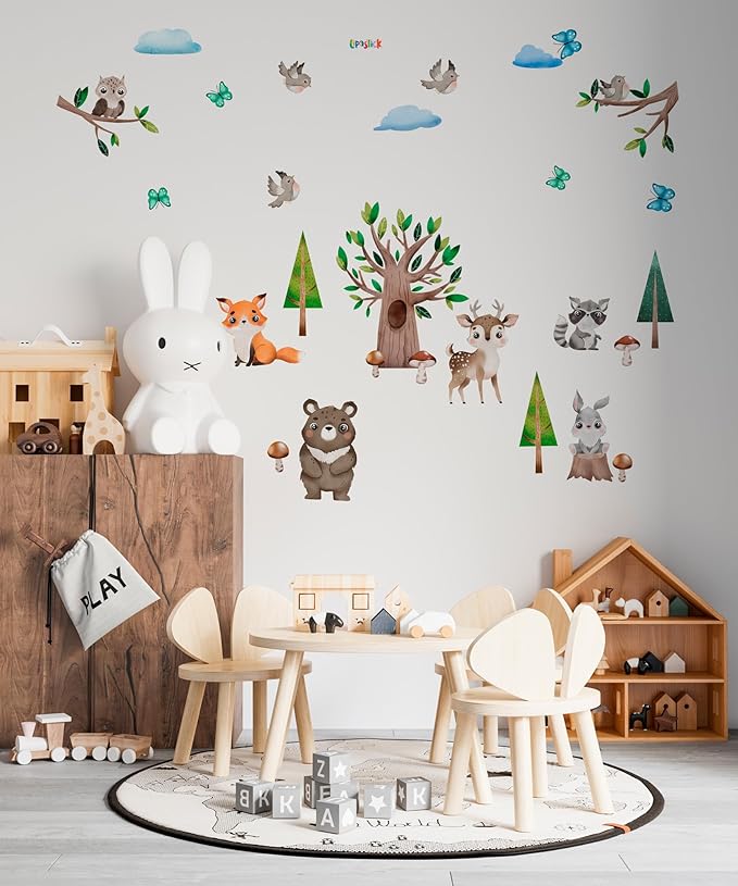 Large Animals Wall Decals for Kids by Lipastick β 133 pcs Woodland Animal Wall Stickers β Forest Animal Wall Decals for Kids Boys Baby Girls β Kids Wall Decals Bear Fox Deer Hare Raccoon Owl M Size