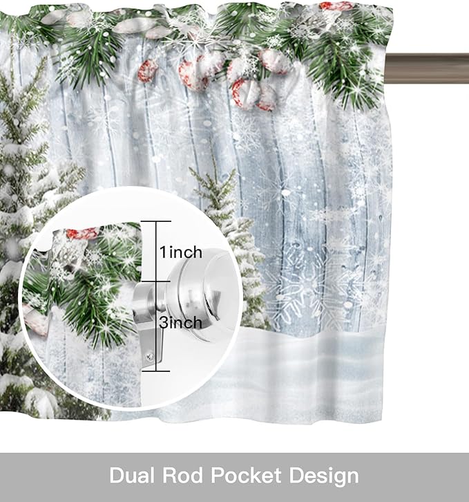 Merry Christmas Valance Curtains for Kitchen Windows Xmas Snowman Snowy Pine Tree Rod Pocket Window Treatment Toppers for Kitchen/Living Room/Bedroom/Bathroom, 54" X 18", Blue Winter