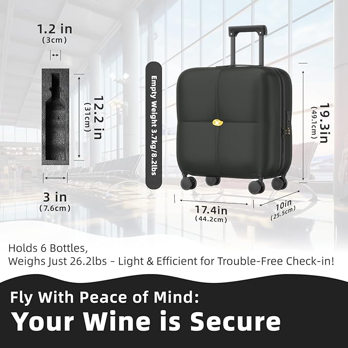 Wine Suitcase, 6 Bottle Wine Luggage, Durable Wine Travel Case, Fly With Wine Suitcase with TSA Lock, Versatile Wine Carrier with Removable Inserts and Silent Spinner Wheels(Black)