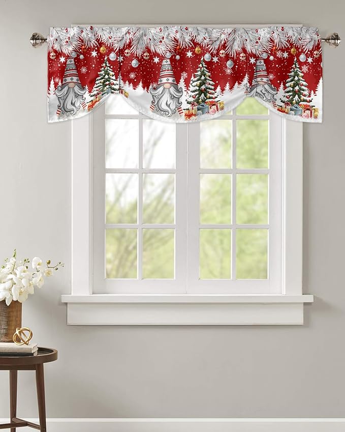 Christmas Gnome Blackout Tie Up Valance Curtains for Kitchen Windows Winter Merry Christmas Tree Balls Window Toppers Balloon Shades for Living Room/Bathroom/Bedroom,1 Panel, 60" X 18", Red