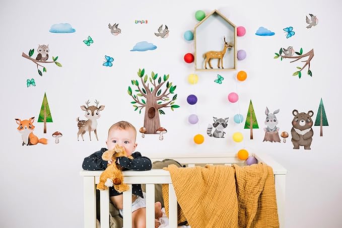 Large Animals Wall Decals for Kids by Lipastick β 133 pcs Woodland Animal Wall Stickers β Forest Animal Wall Decals for Kids Boys Baby Girls β Kids Wall Decals Bear Fox Deer Hare Raccoon Owl M Size