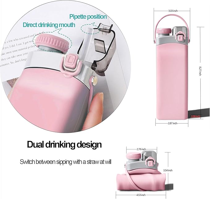 THAIOXYH® Collapsible Water Bottle 20 oz(600ml) Silicone BPA Free Reuseable Lightweight Foldable Water Bottles for Traveling Running Hiking Camping Sports (Pink)