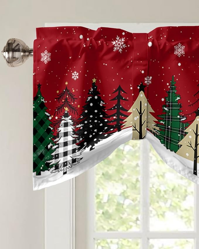 Red Merry Christmas Blackout Tie Up Valance Curtains for Kitchen Windows Green Christmas Tree Window Toppers Balloon Shades for Living Room/Bathroom/Bedroom,1 Panel, 54" X 18",White Snow Forest Winter