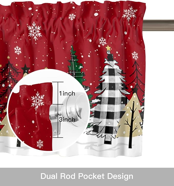 Red Merry Christmas Valance Curtains for Kitchen Windows Green Christmas Tree Rod Pocket Window Treatment Toppers for Kitchen/Living Room/Bedroom/Bathroom, 42" X 12", White Snow Forest Winter