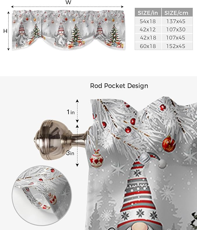 Christmas Gnome Blackout Tie Up Valance Curtains for Kitchen Windows Winter Merry Christmas Tree Balls Window Toppers Balloon Shades for Living Room/Bathroom/Bedroom,1 Panel, 42" X 12", Grey
