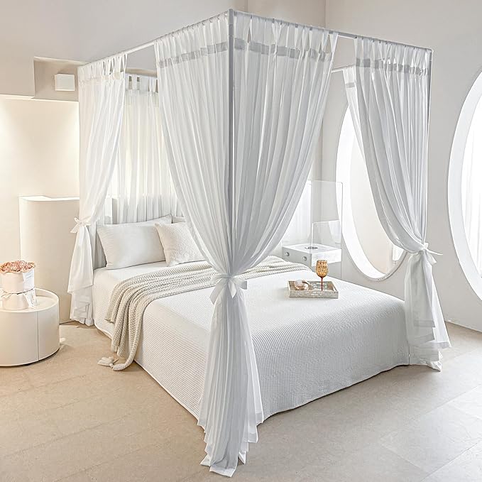 AIKASY Canopy Bed Board with Top and Self-Adhesive Velcro Strips, White Gauze Princess Bed Canopy Curtain Tent, Creating a Romantic Atmosphere in The Room(Full/Queen,White)