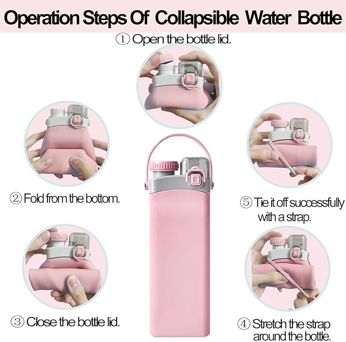 THAIOXYH® Collapsible Water Bottle 20 oz(600ml) Silicone BPA Free Reuseable Lightweight Foldable Water Bottles for Traveling Running Hiking Camping Sports (Pink)