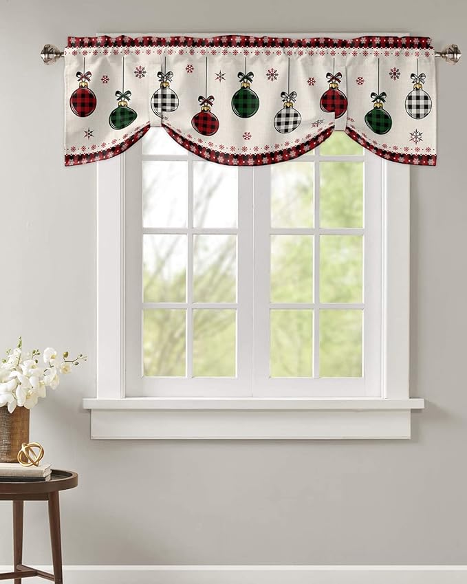 Christmas Blackout Tie Up Valance Curtains for Kitchen Windows Vintage Buffalo Plaid Christmas Balls Window Toppers Balloon Shades for Living Room/Bathroom/Bedroom,1 Panel,54" X 18" Farmhouse