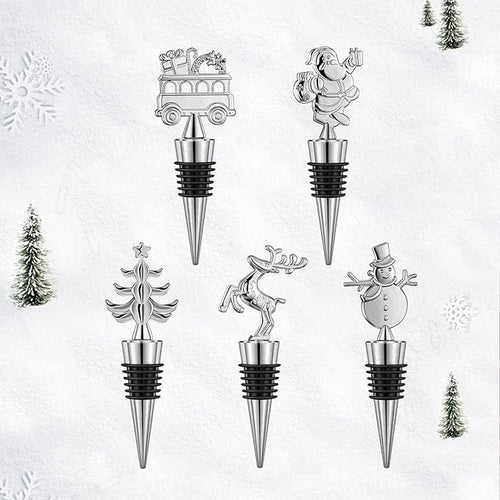 Christmas Wine Bottle Stoppers 5-Packs-Wine Saver Zinc Alloy Silicone,Reusable Leak Proof Keep Fresh Wine Corks,Bar,Holiday,Party,Wedding,Camping for Standard Bottle (Christmas suit)