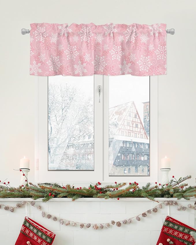 Christmas Valance Curtains for Kitchen Windows Pink White Snowflakes Pattern Rod Pocket Window Treatment Toppers for Kitchen/Living Room/Bedroom/Bathroom, 60" X 18", Winter
