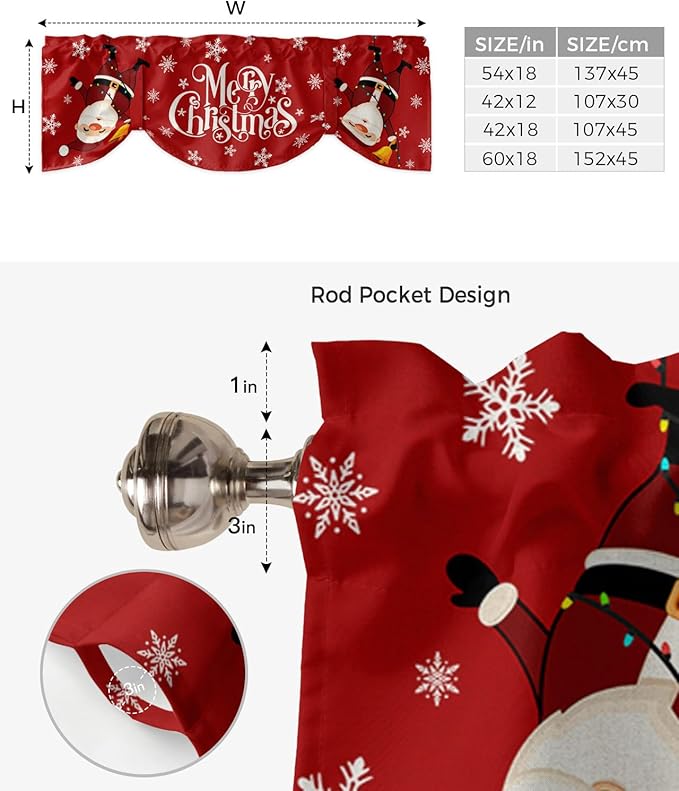 Red Merry Christmas Blackout Tie Up Valance Curtains for Kitchen Windows Funny Hanging Santa Window Toppers Balloon Shades for Living Room/Bathroom/Bedroom,1 Panel, 42" X 12", Snow Winter Holiday