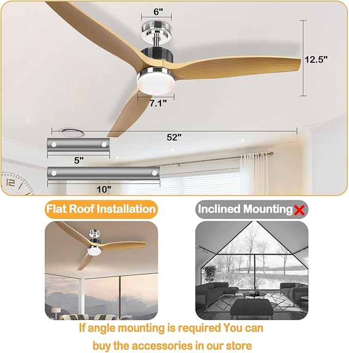 Ceiling Fan with Lights, 52" ,with Remote Control,2 Poles,LED Dimmable,Reversible DC Motors, Timer Noiseless,Bedroom Living Room Indoor&Outdoor,Very Energy Conservation