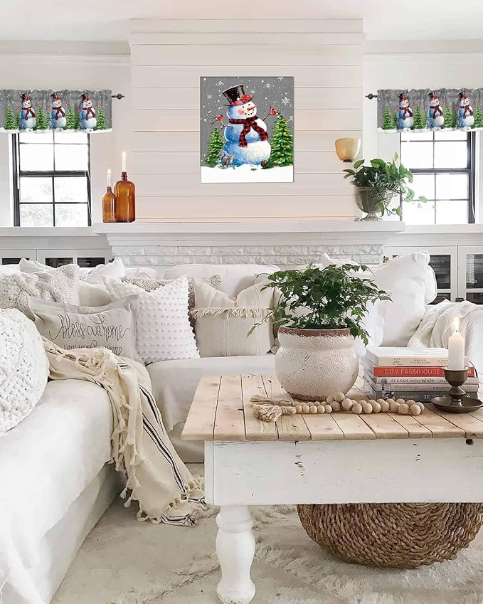 Christmas Snowman Kitchen Curtains Valances for Windows Winter Holidays Cardinal White Snowflake Rod Pocket Window Treatment for Kitchen /Living Room/Bedroom/ Bathroom,42" X 18" -1 Panel, Gray