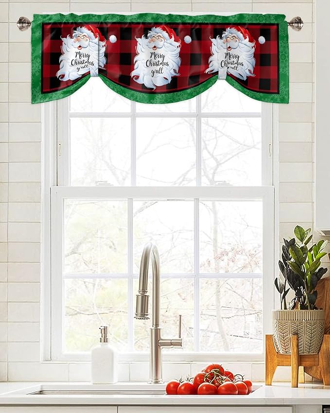 Merry Christmas Y'all Blackout Tie Up Valance Curtains for Kitchen Windows XMAS Santa Claus Window Toppers Balloon Shades for Living Room/Bathroom/Bedroom,1 Panel,54" X 18" Red Buffalo Plaid