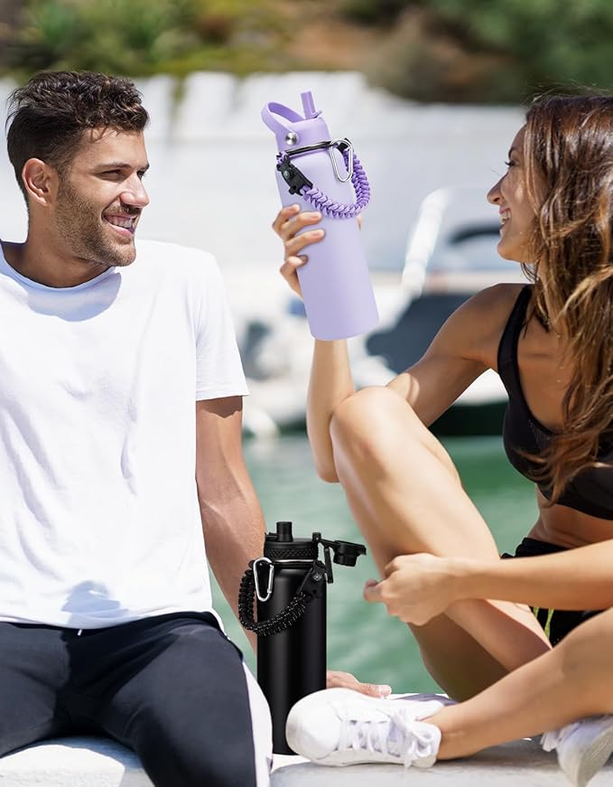 40 oz Insulated Water Bottle - Cold 48H & Hot 24H, Reusable Metal Water Bottle Hydro Cup with Paracord Handle Straw Spout Lids, Carrier Bag, Wide Mouth Thermal Mug for Sports Fitness Hiking