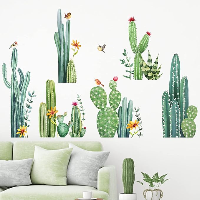 Mfault Cactus Wall Decals Stickers, Tropical Green Plants Cacti Living Room Decorations Bedroom Art, Botanical Home Kitchen Decor