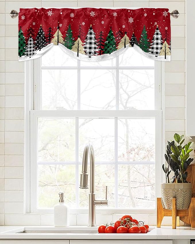 Red Merry Christmas Blackout Tie Up Valance Curtains for Kitchen Windows Green Christmas Tree Window Toppers Balloon Shades for Living Room/Bathroom/Bedroom,1 Panel, 54" X 18",White Snow Forest Winter