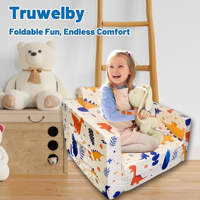 Kid Couch, Children's 2 in 1 Convertible Sofa to Lounger, Extra Soft Flip Open Chair Sofa Bed, Cute Star/Dinosaur Print Toddler Chair for Kids Girls Boys (Grass Dinosaur, Medium)