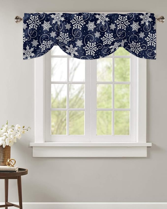 Christmas Blackout Tie Up Valance Curtains for Kitchen Windows White Navy Snowflakes Pattern Window Toppers Balloon Shades for Living Room/Bathroom/Bedroom,1 Panel, 60" X 18", Winter