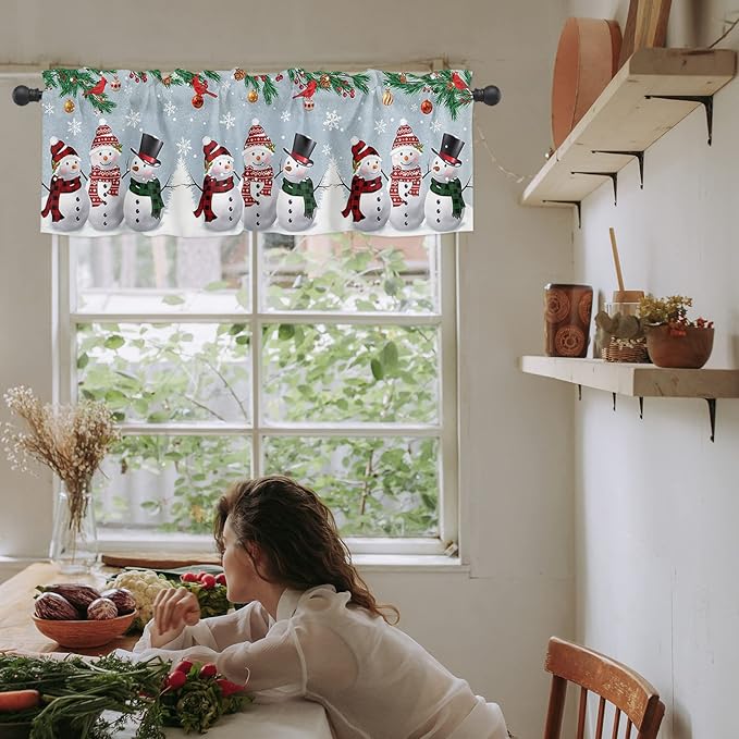 Christmas Kitchen Curtains Valances for Windows Snowman Cardinal Rod Pocket Window Treatment for Kitchen/Living Room/Bedroom/Bathroom,42" X 12" -1 Panel, Bluish Grey Winter Holiday