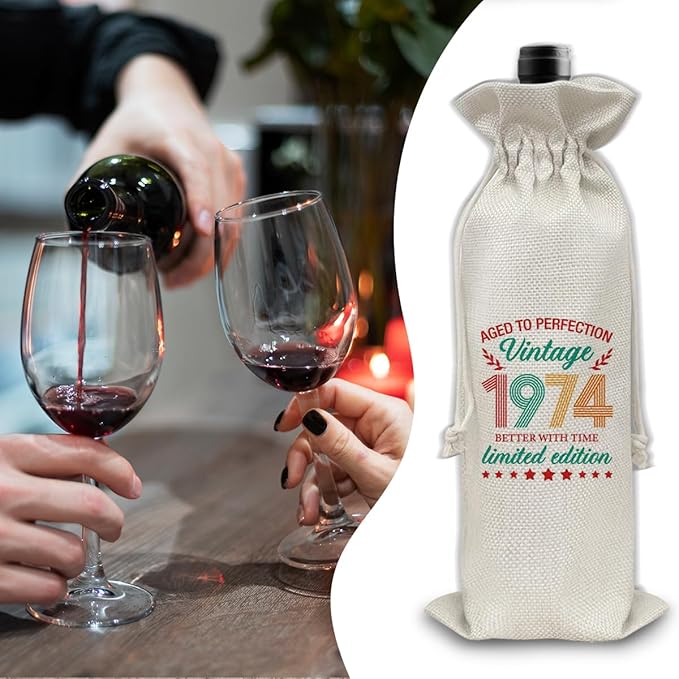 50th Birthday Gifts Wine Bag Congratulations Gifts for Women Men Parents Mom Dad Anniversary Favors 1974 with Time Information Wine Gift Bag