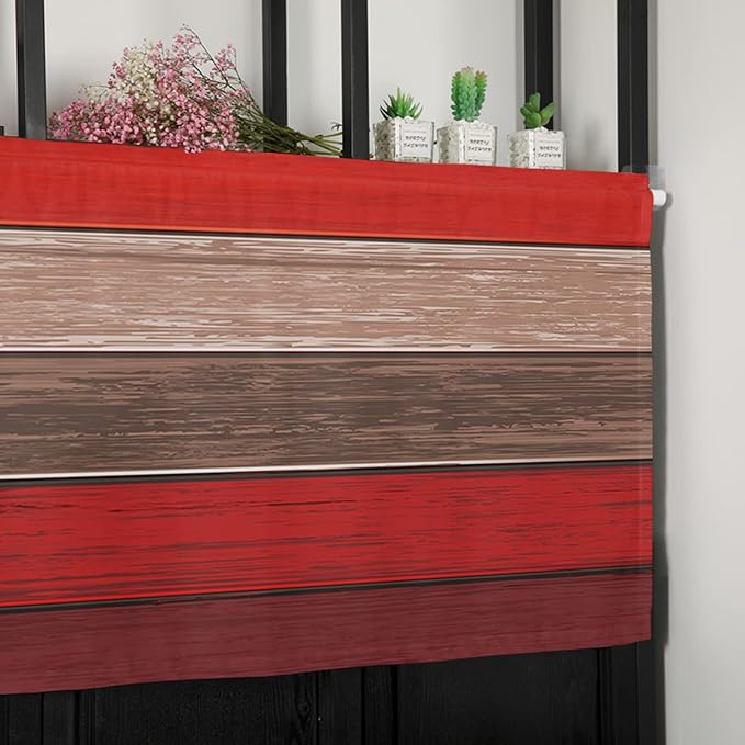 Farmhouse Kitchen Curtains Valances for Windows , Christmas Red Brown Rod Pocket Country Window Treatment for Kitchen /Living Room/Bedroom/ Bathroom,54" X 18" -1 Panel, Retro Rustic Barn Wood Texture