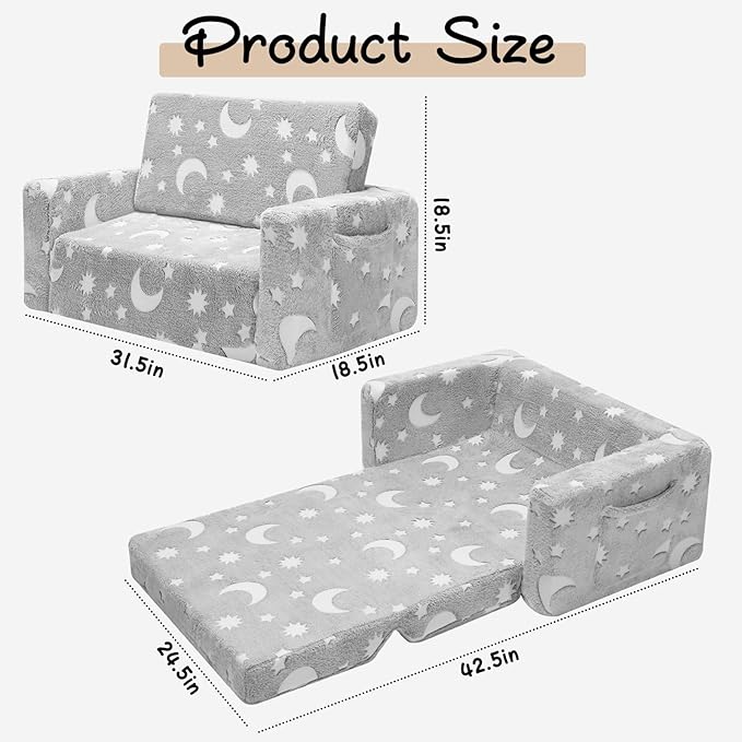 Toddler Chair, Toddler Couch, Kids Couch, Fold Out Kids Sofa Chair, Toddler Convertible Sofa to Lounger Pull Out Couch, Glow in The Dark Sofa Chair for Boys and Girls Large (Grey)…