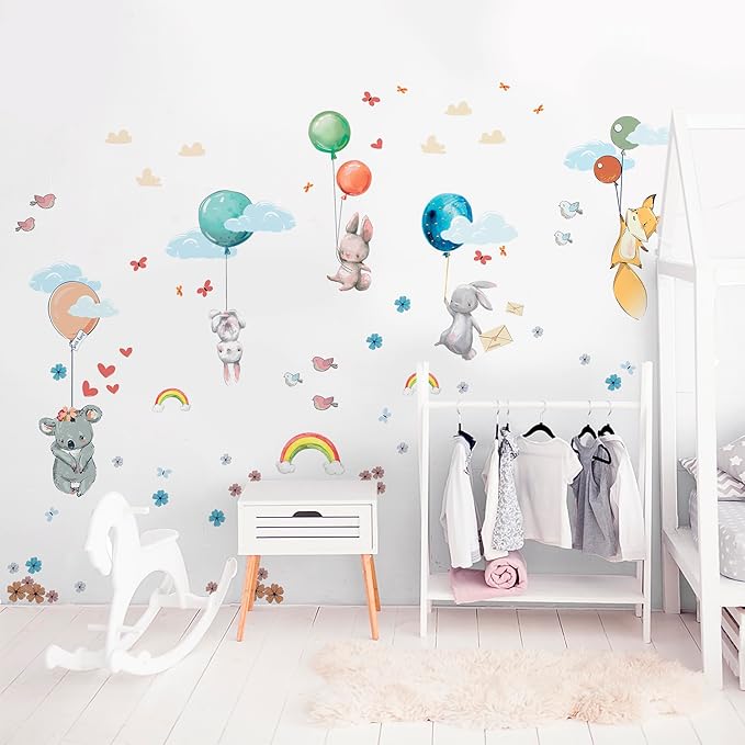 Hot Air Balloon Wall Decals for Kids by Lipastick โ 87 pcs Cartoon Animals Wall Decals for Girls Boys Kids Baby - Animal Wall Stickers for Nursery Room Bedroom - Raccoon Fox Koala Panda M Size
